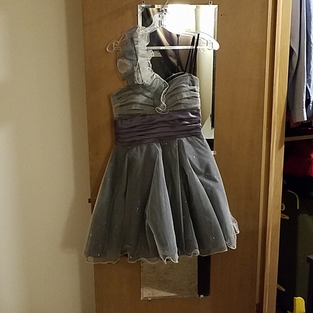 One shoulder grey and purple homecoming dress